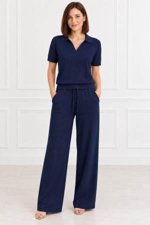 COMPLEURI - Set damă tricotat bleumarin cu bluză polo și pantaloni largi