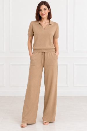 COMPLEURI - Set damă tricotat camel cu bluză polo și pantaloni largi