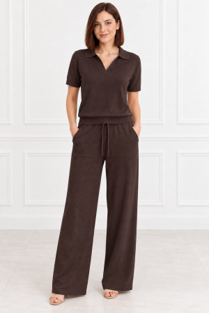 COMPLEURI - Set damă tricotat maro cu bluză polo și pantaloni largi