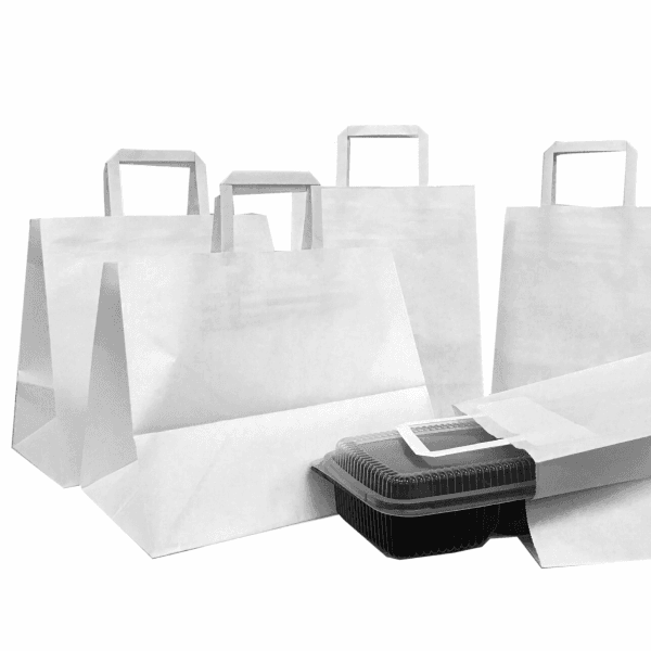 Punga hartie alba, delivery, cu maner plat, take away, 3 dimensiuni – 26x17x29cm – 250 buc. [1]