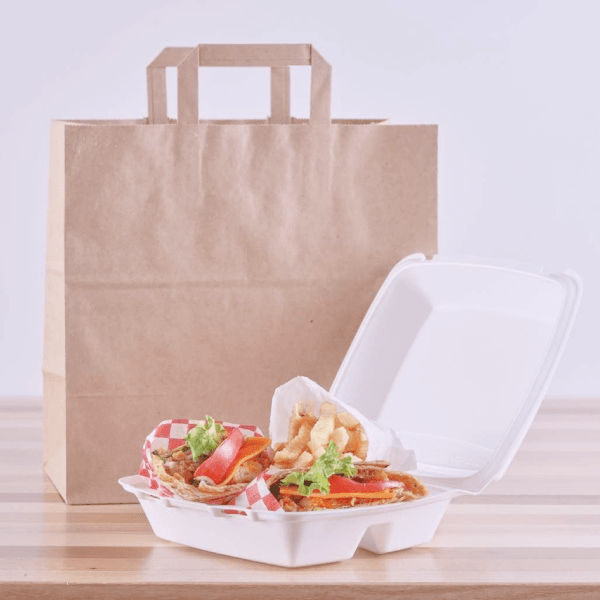 Punga hartie natur, delivery, take away, cu maner plat, 6 dimensiuni disponibile – 32x17x34.50cm – 250 bucati / set [1]