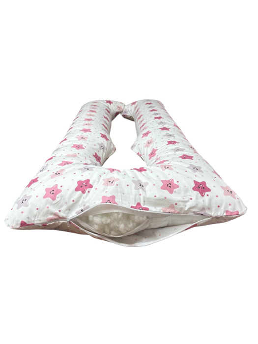 Perna gravide, Ema, multifunctionala, 3 in 1, forma literei U, husa detasabila, model stelute pink, bumbac ranforce 100%, 135x75 cm [3]