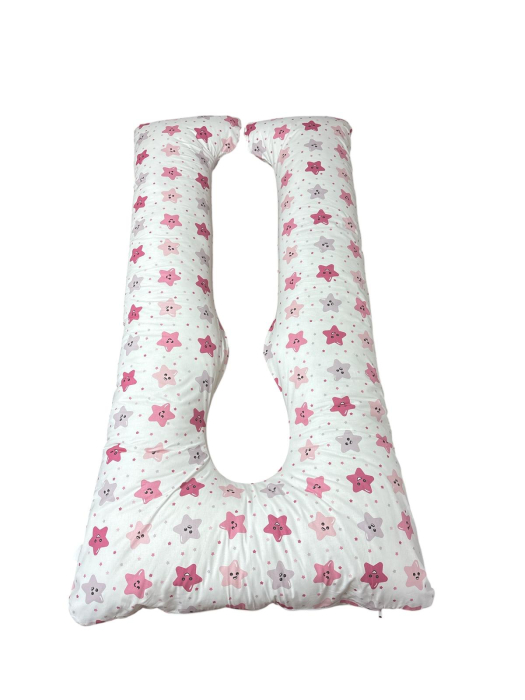 Perna gravide, Ema, multifunctionala, 3 in 1, forma literei U, husa detasabila, model stelute pink, bumbac ranforce 100%, 135x75 cm [2]