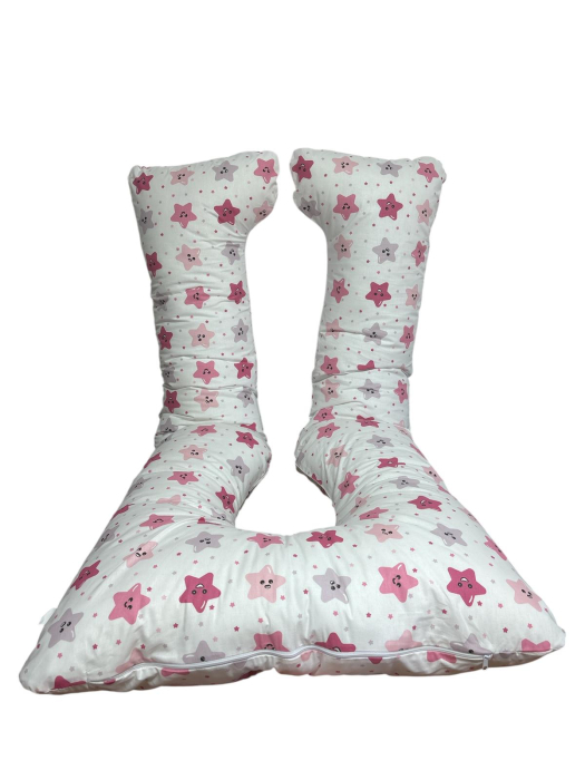 Perna gravide, Ema, multifunctionala, 3 in 1, forma literei U, husa detasabila, model stelute pink, bumbac ranforce 100%, 135x75 cm [4]
