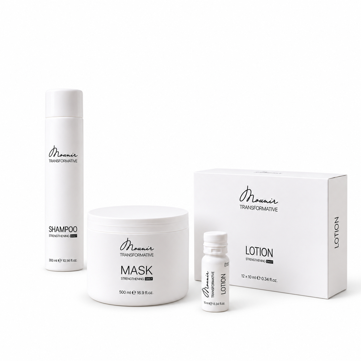 Pachet Mounir Transformative pentru păr deteriorat – Șampon 300 ml, Mască 500 ml și 12 fiole × 10 ml [2]