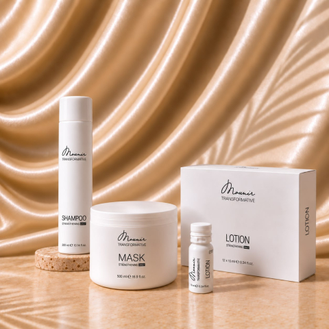 Branduri - Pachet Mounir Transformative pentru păr deteriorat – Șampon 300 ml, Mască 500 ml și 12 fiole × 10 ml