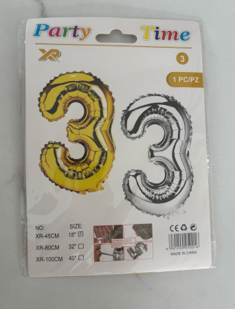 ARTICOLE PENTRU PETRECEERE - BALON CIFRA 3  DIN FOLIE ARGINTIE 45 CM