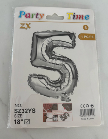 ARTICOLE PENTRU PETRECEERE - BALON CIFRA 5  DIN FOLIE ARGINTIE 45 CM