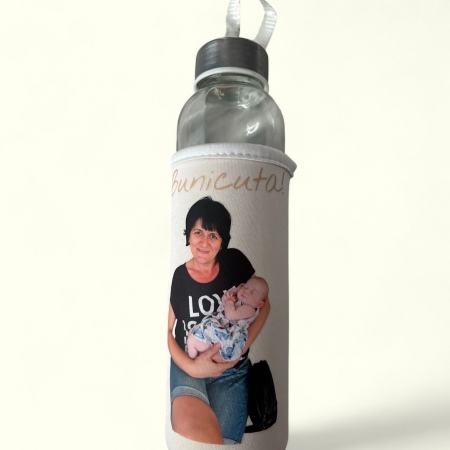 PERSONALIZATE - BIDON STICLA CU HUSA FOTO SI MESAJ ,, BUNICUTA"