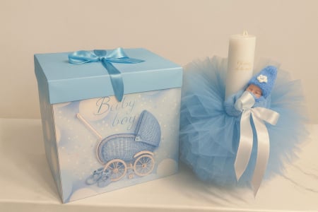 BEBELUSI - SET  ELEGANT DE BOTEZ PENTRU BEBELUSI CU LUMANARE PERSONALIZATA