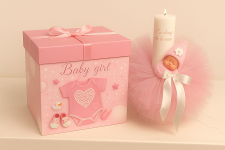 BEBELUSI - SET PENTRU BOTEZ FETITE CU LUMANARE PERSONALIZATA