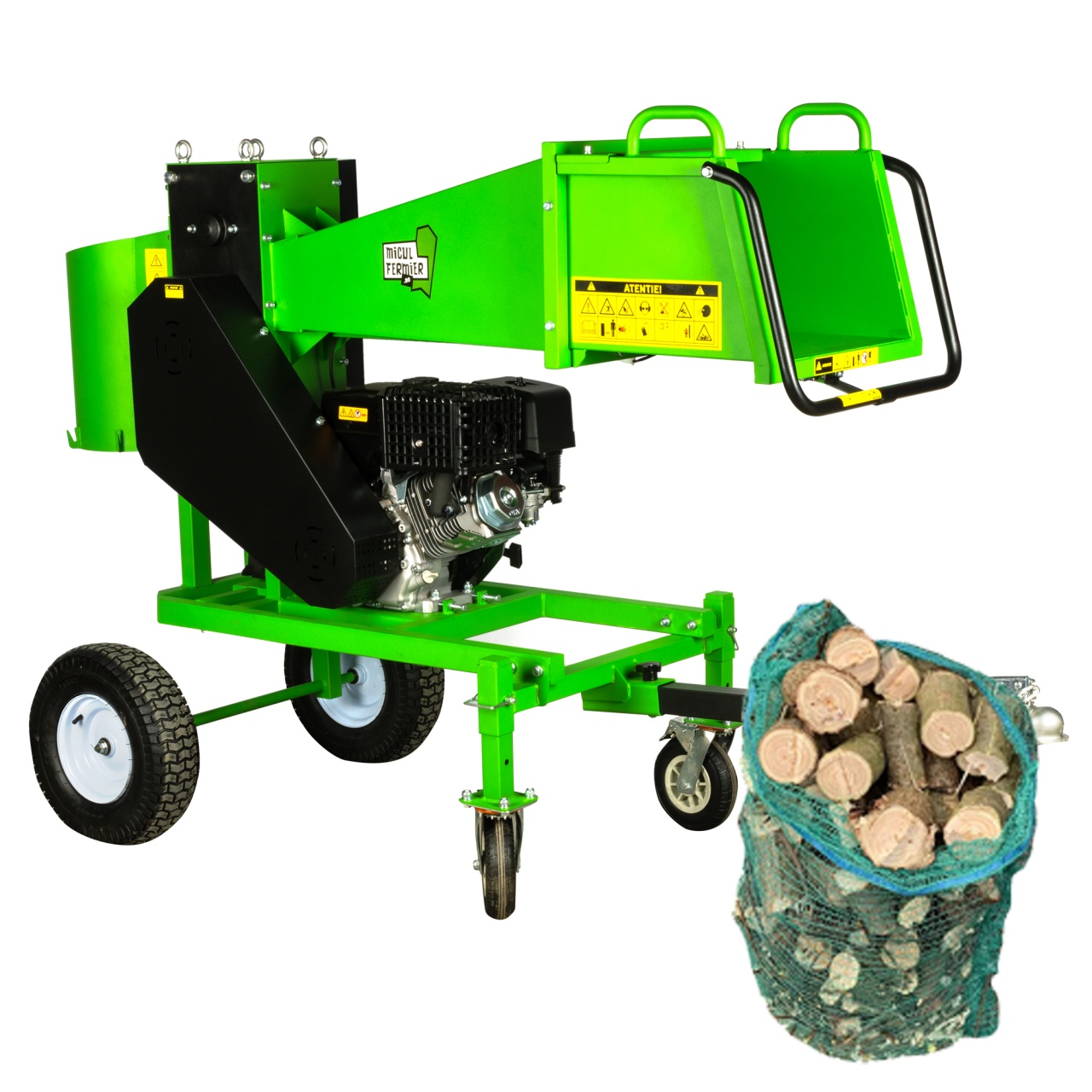 Depicatotoare si tocatoare crengi - Tocator crengi Micul Fermier, motor benzina 18CP, diametru maxim de taiere Ø120mm, cu carlig de remorcare, pentru brichete