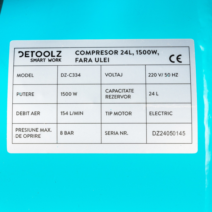 Compresor Detoolz 24L fara ulei, 1500 W, debit 154L/min, 8 bar, 2 prize de aer [12]