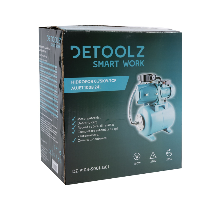 Hidrofor Detoolz 0.75 kW, debit 3300l/h, inaltime de pompare 45m, carcasa pompa fonta, volum butelie 24 litri [5]