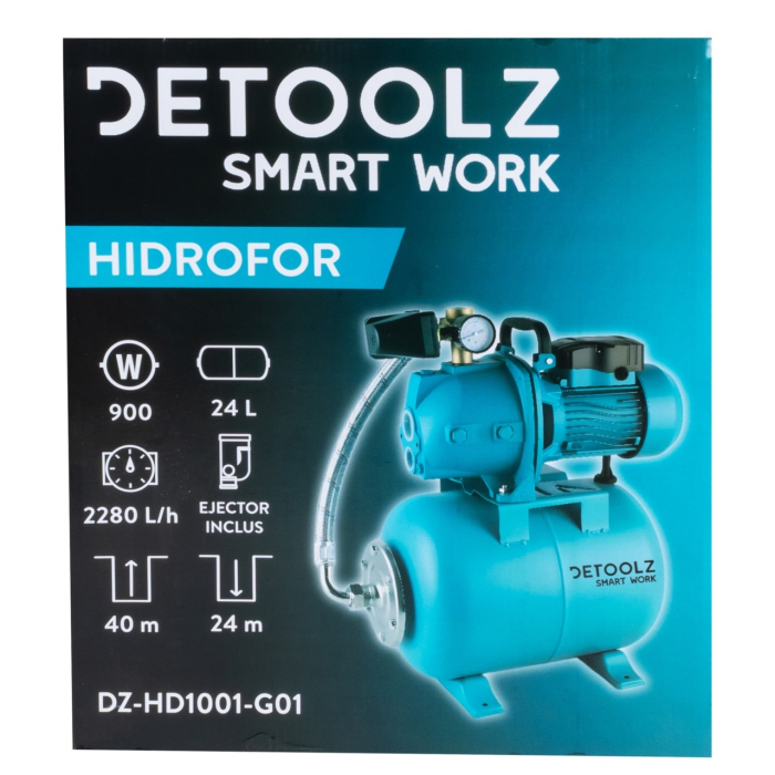 Hidrofor Detoolz 0.9 kW, debit maxim 2280l/h, inaltime maxima de pompare 40m, corp pompa fonta, butelie 24L, ejector [11]
