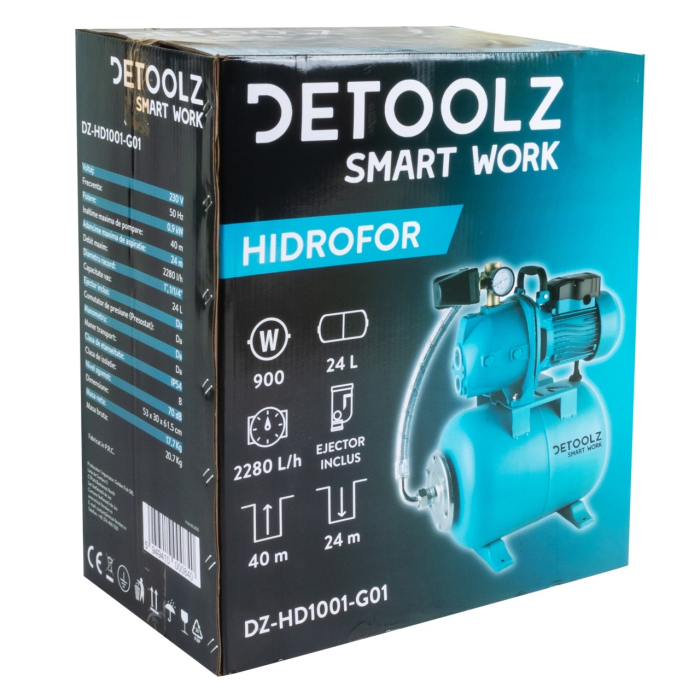Hidrofor Detoolz 0.9 kW, debit maxim 2280l/h, inaltime maxima de pompare 40m, corp pompa fonta, butelie 24L, ejector [12]
