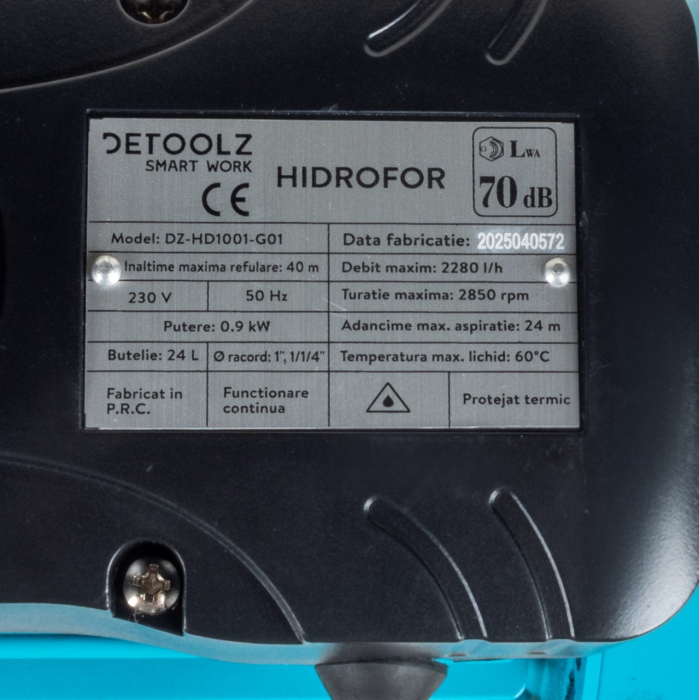 Hidrofor Detoolz 0.9 kW, debit maxim 2280l/h, inaltime maxima de pompare 40m, corp pompa fonta, butelie 24L, ejector [3]