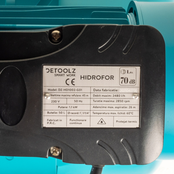 Hidrofor Detoolz 1.1 kW, debit maxim 2480lh, inaltime maxima de pompare 45m, corp pompa fonta, butelie 50L, ejector [5]