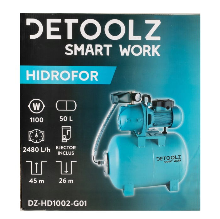 Hidrofor Detoolz 1.1 kW, debit maxim 2480lh, inaltime maxima de pompare 45m, corp pompa fonta, butelie 50L, ejector [14]