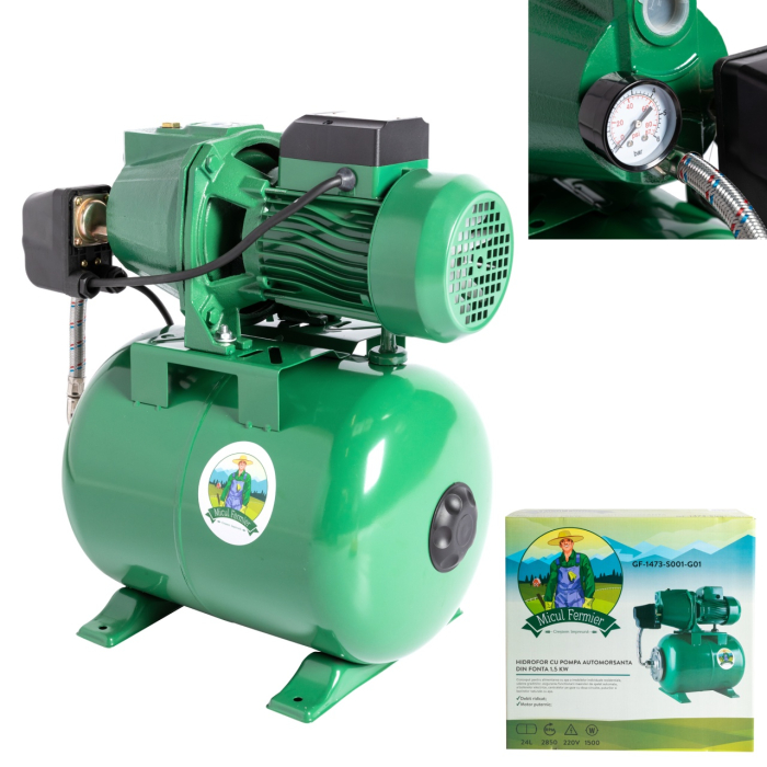 Hidrofor Micul Fermier 1.5 kW, debit maxim 3000l/h, inaltime maxima de pompare 53m, corp pompa fonta, capacitate vas expansiune 24 litri [5]