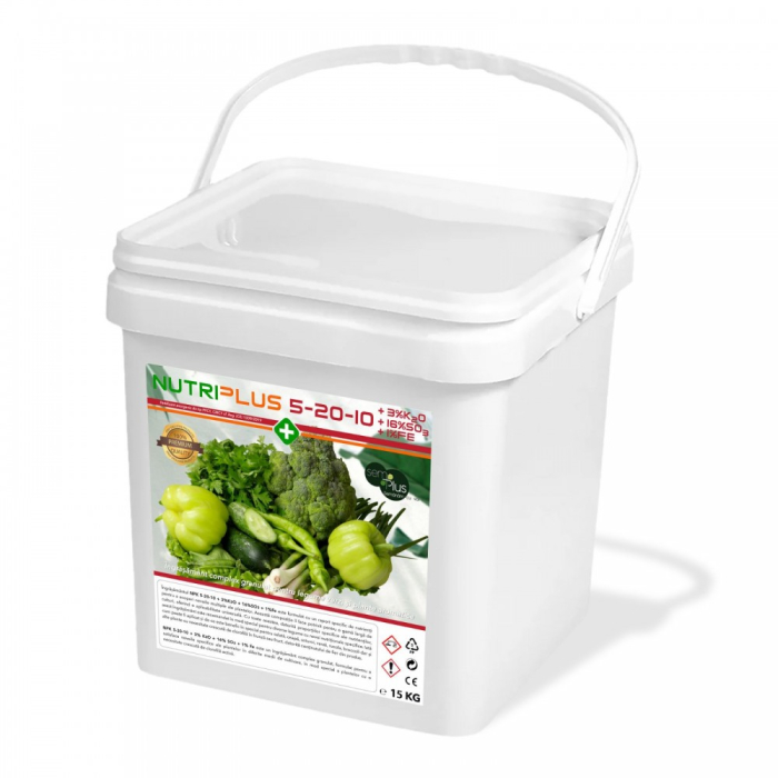 Îngrășământ premium granulat complex pentru legume verzi și plante aromatice, tip NPK, NutriPlus 5-20-10 + 3% K2O + 16% SO3 + 1% Fe [1]