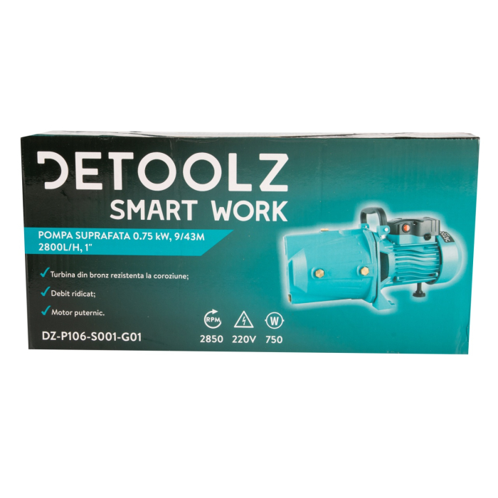 Pompa de suprafata Detoolz 0.75 kW, debit 2800l/h, inaltime de pompare 43m, carcasa pompa fonta [13]