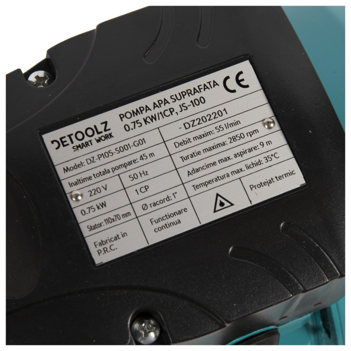 Pompa de suprafata Detoolz 0.75 kW, debit 3300l/h, inaltime de pompare 45m, carcasa pompa inox [4]