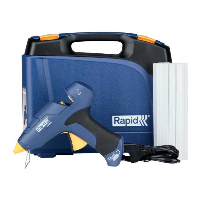 Rapid 5001445, Pistol de lipit GlueGun Rapid CG270, albastru, max 250W, debit 350g/h, 200°C, include 10 batoane si geanta, functional cu batoane de 12mm [1]