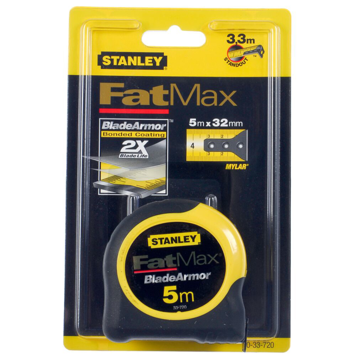 Stanley 0-33-720, ruleta fatmax 5m, Mylar®, BladeArmor, tru-zero, rupere la 3.35m, 5m x 32mm, blister [6]