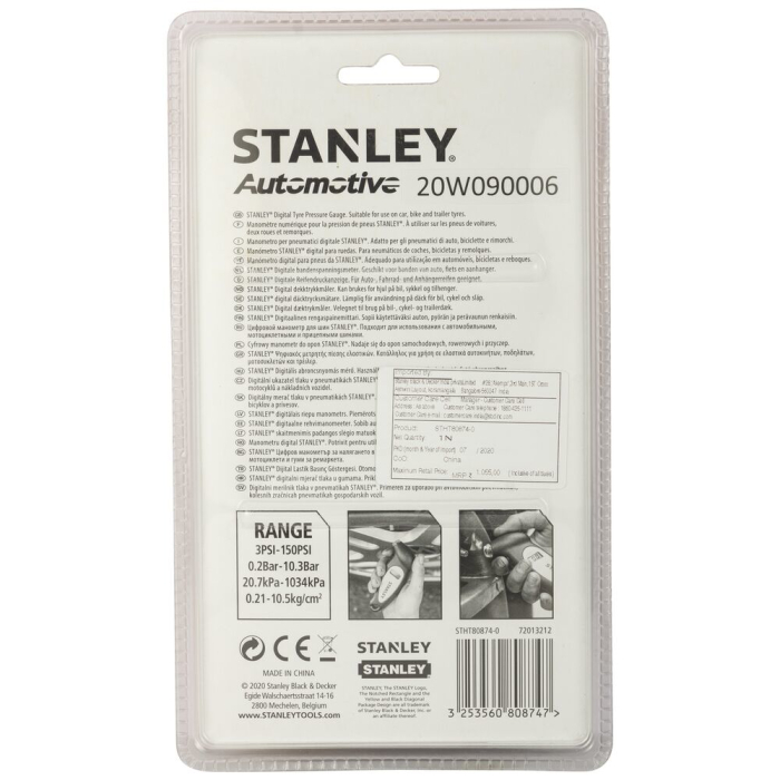 Stanley STHT80874-0, manometru digital presiune anvelope, precizie 0.01, maner ergonomic, psi, bar, kgfcm2 sau kpa, 3-150 PSI, 0.2-10.3 Bar [12]