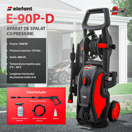 Întreținere casă și fermă - Aparat de spalat cu presiune ELEFANT E-90P-D, 1600 W, 480l/h, 90bar, lungime furtun 5 m