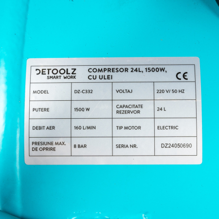 Compresor Detoolz 24L cu ulei, 1500 W, debit 160L/min, 8 bar, 2 prize de aer [2]