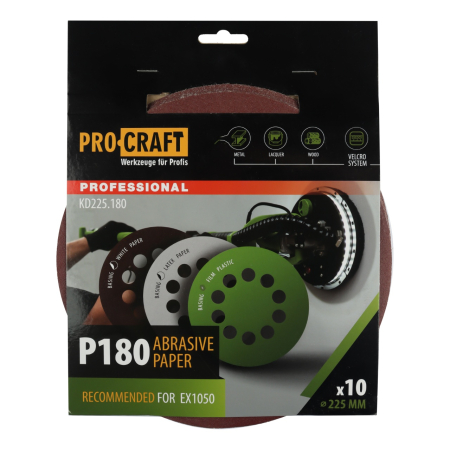Întreținere casă și fermă - Disc abraziv pentru slefuitor cu excentric KD225.180 PROCRAFT (Set 10 buc)Diametru: 225 mm Granulatie: P180
