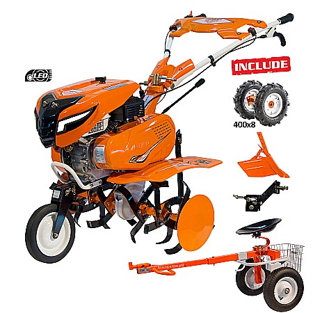 Întreținere casă și fermă - Motosapa RURIS 7500 + roți cauciuc 4.00-8 + plug + adaptor + accesoriu tractat + set contragreutăți 10 kg