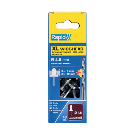 Rapid 5000665, set nituri cu cap XL din aluminiu, burghiu inclus, 40 buc, 9-12mm, Ø4.8x16 mm [1]