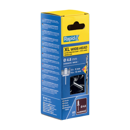 Constructii - Rapid 5000665, set nituri cu cap XL din aluminiu, burghiu inclus, 40 buc, 9-12mm, Ø4.8x16 mm