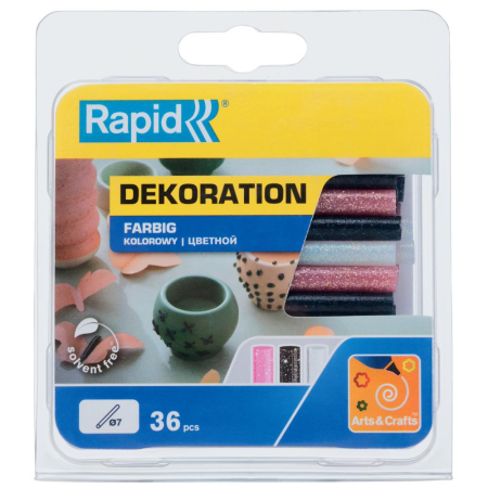 Accesorii si consumabile aer cald - Rapid 5001423, set 36 batoane de adeziv, decoratii, colorate, cu sclipici, 7 x 90 mm