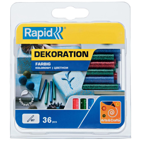 Accesorii si consumabile aer cald - Rapid 5001425, set 36 batoane de adeziv, decoratii, colorate cu sclipici, 7 x 90 mm