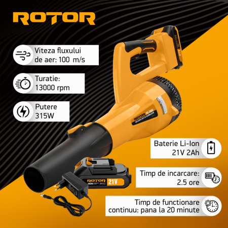 Suflanta aer pe acumulator ROTOR RS-2000 cu 1 acumulator 21V / 2Ah si incarcator ROTOR [2]