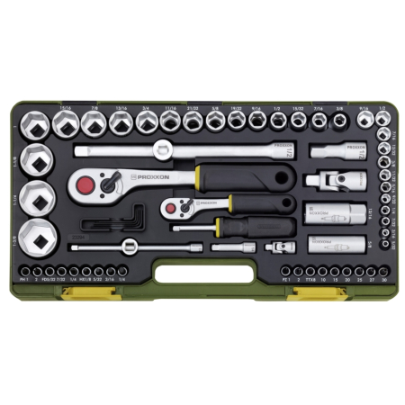 Întreținere casă și fermă - Trusa completa, versiune in Inch, cu chei tubulare de 1/4' si 1/2', Proxxon 23294, 65 piese
