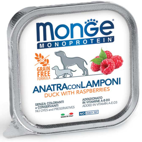 Hrana Umeda Caini - Monge Dog Monoprotein Rață cu Zmeură Pate 150g pentru câini adulți