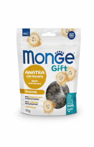 Recompense Câini - Monge Gift Training – Gustare cu rață și banană pentru câini adulți, 150g