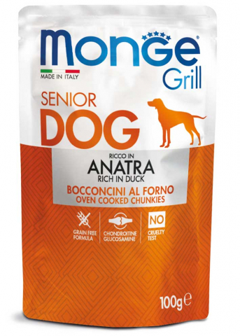 Hrana Umeda Caini - Plic Monge Grill cu Rață 100g – Hrană umedă pentru câini seniori, fără cereale, cu condroitină și glucozamină