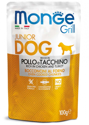 Hrana Umeda Caini - Plic Monge Grill Junior cu Pui și Curcan 100g – Hrană umedă pentru căței