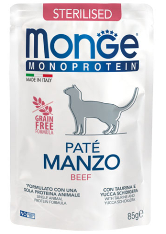 Hrană Umedă Pisici - Plic Monge Pate cu Vită 85g – Hrană umedă monoproteică pentru pisici sterilizate