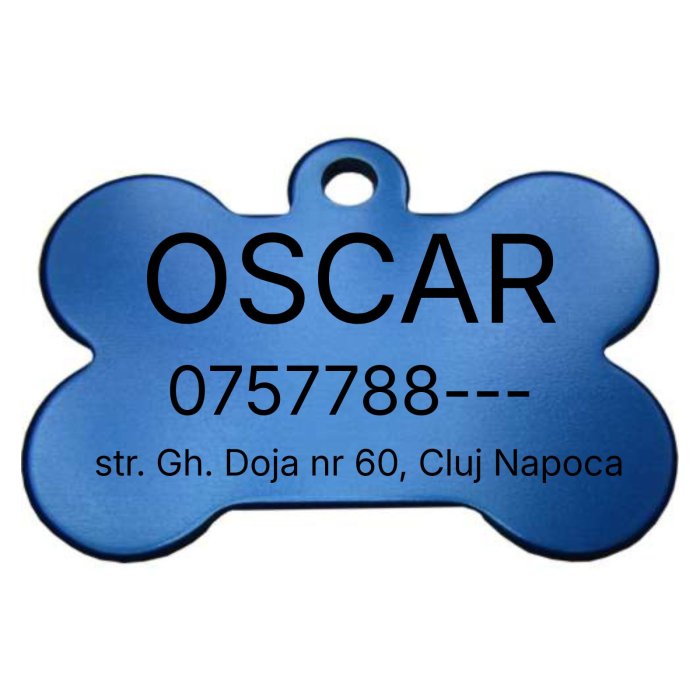 Medalion Câine Personalizat cu Nume și Date de Contact – Formă de Os, Aluminiu Roz [2]