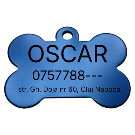 Medalioane Câini - Medalion Câine Personalizat cu Nume și Date de Contact – Formă de Os, Aluminiu Albastru