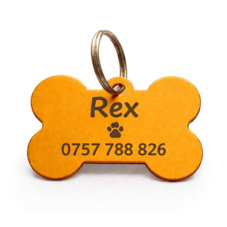 Medalioane Câini - Medalion Câine Personalizat cu Nume și Date de Contact – Formă de Os, Aluminiu Portocaliu