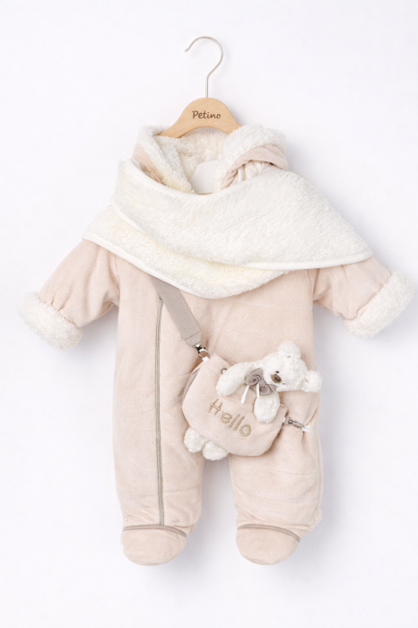 Combinezon călduros bebe unisex 0–9 luni crem cu fular și borsetă [3]