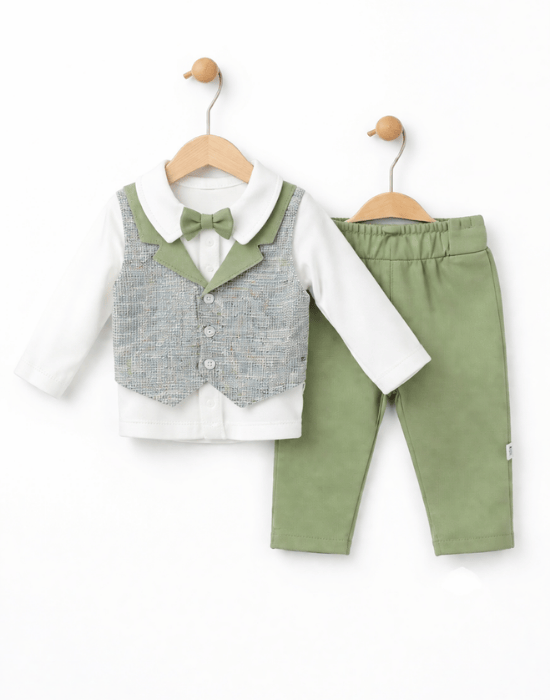 Set elegant băieței cu papion și pantaloni verzi | 6–18 luni [2]